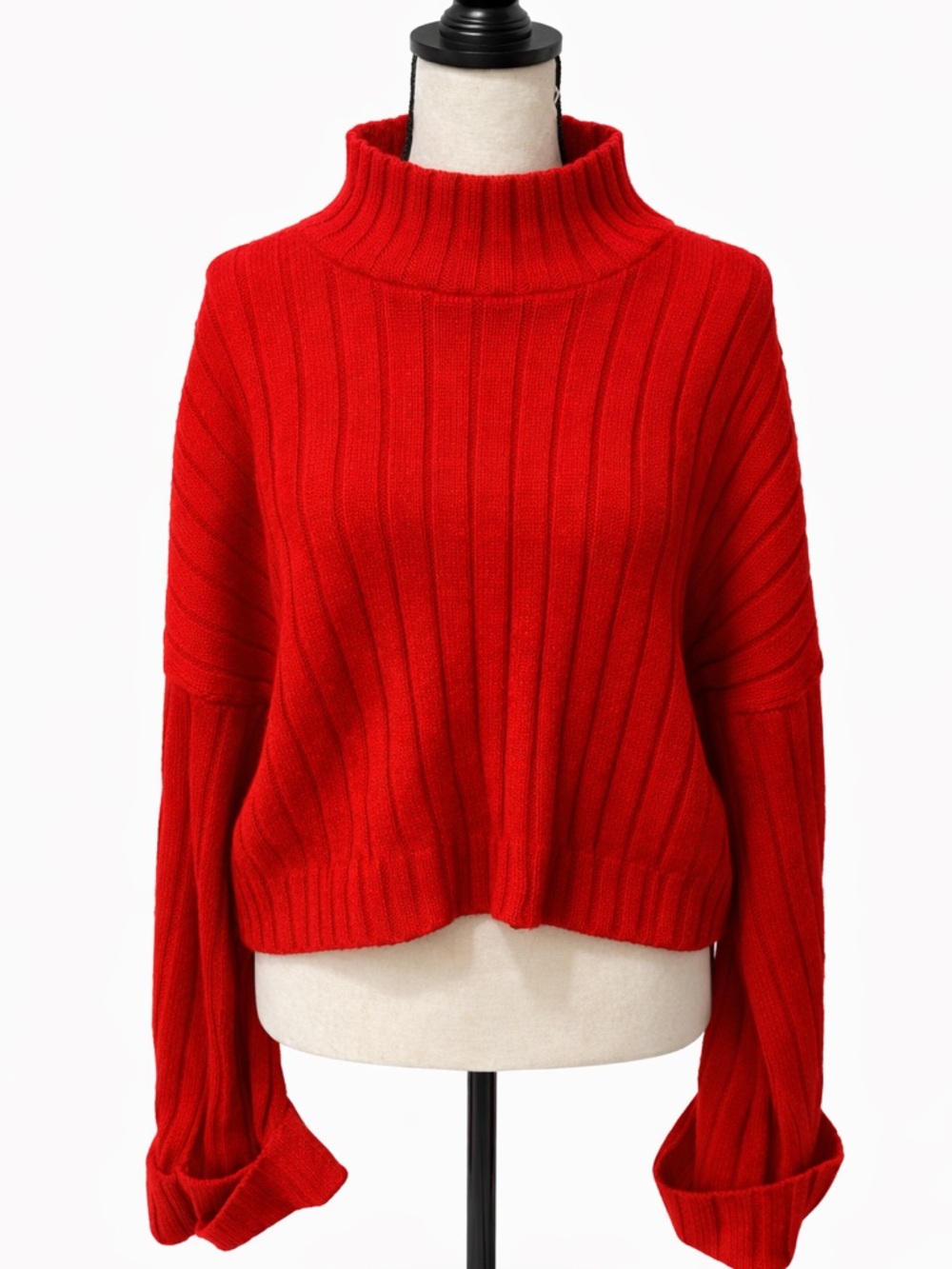 Boohoo Crop Chunky Ribbed Knit Sweater Red Oversized Sleeve Small Medium